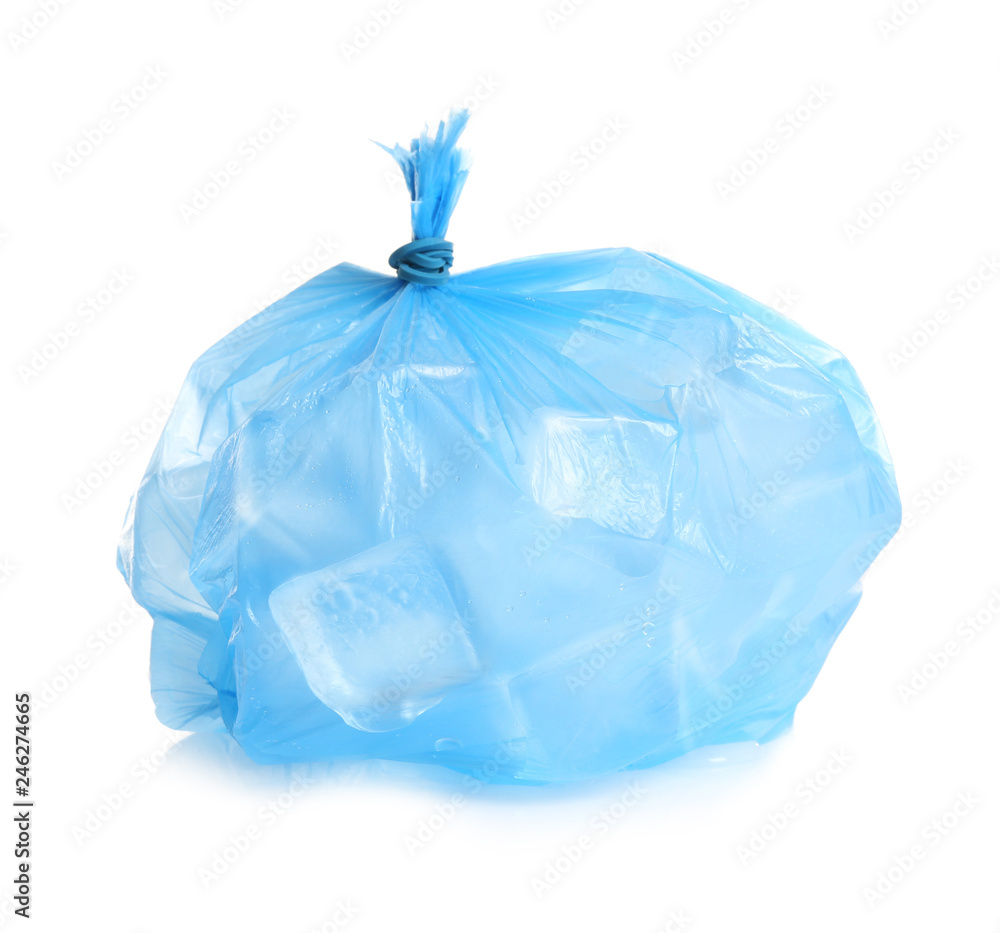 Plastic bag with ice cubes on white background