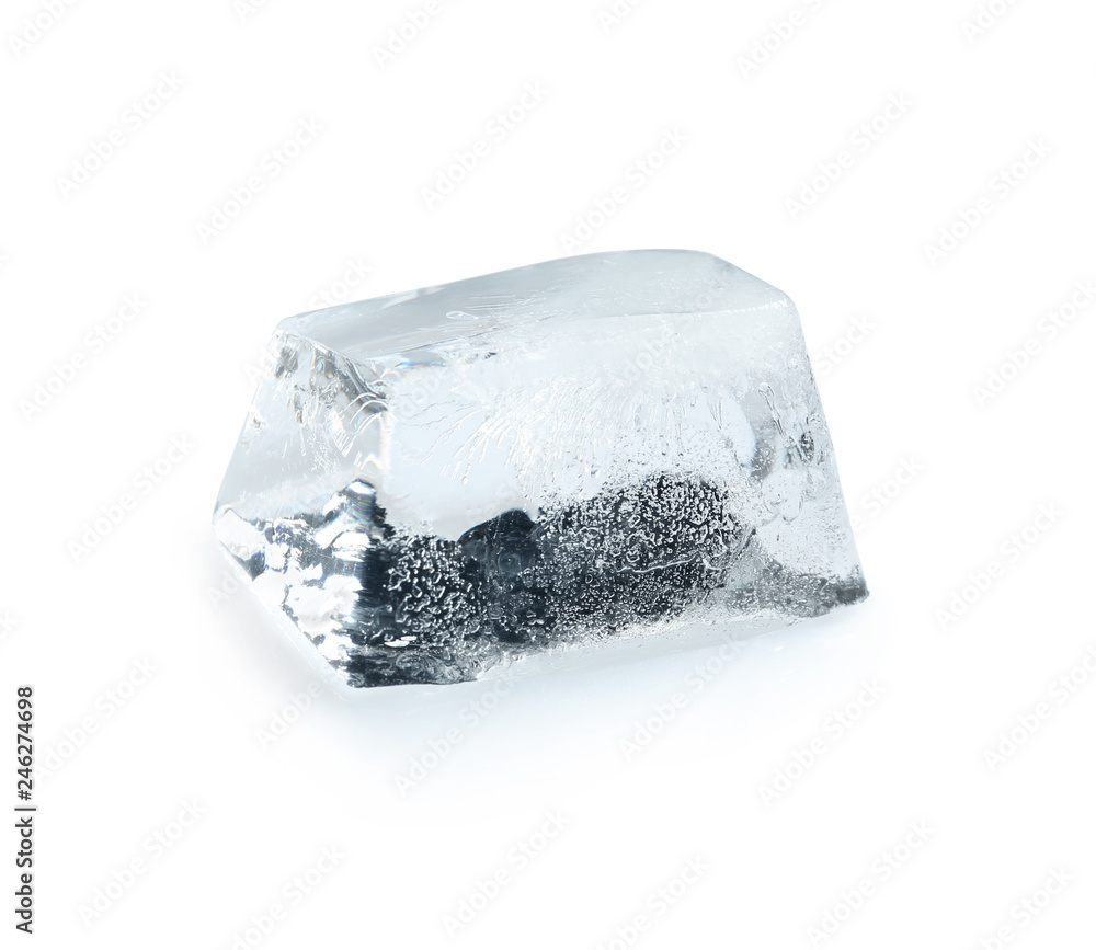 Obraz premium Transparent ice cube melting on white background