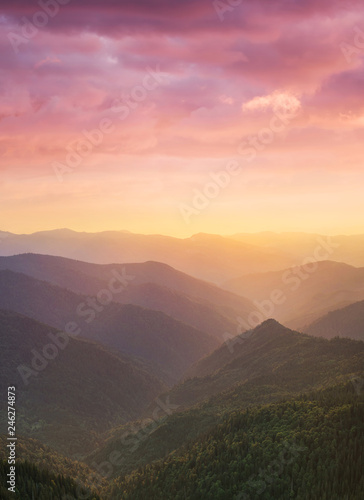 Mountain valley during sunset. Natural summer mountain landscape. Forest and mountans. Mountain-image..