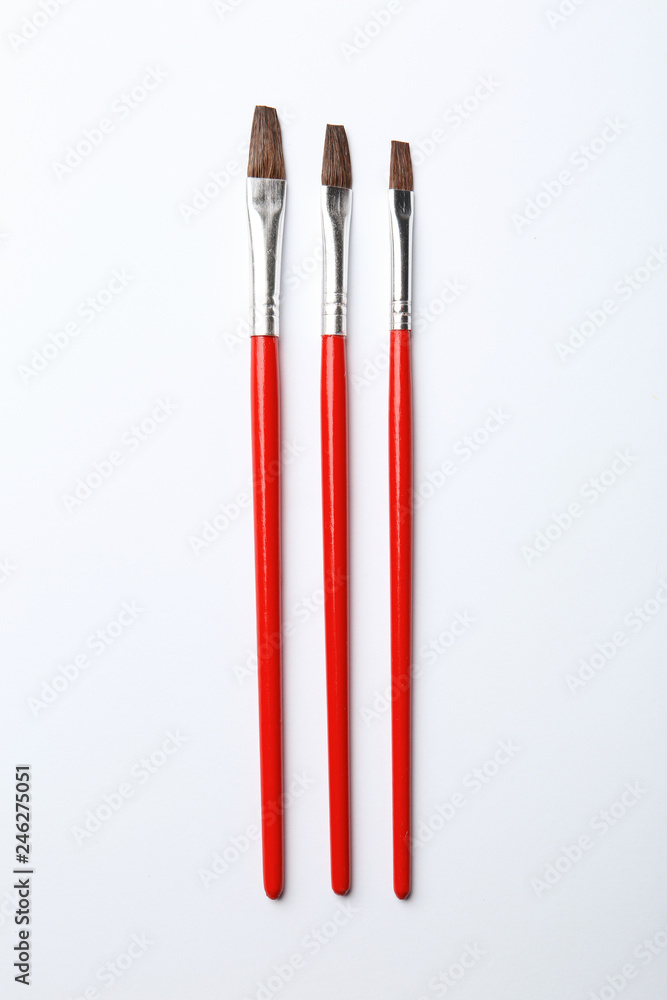 Different paint brushes on white background, top view Different paint brushes on white background, top view