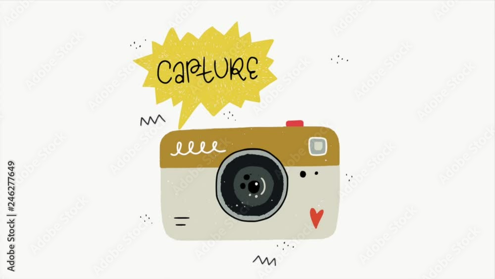 Cartoon flat photo camera in action animation. Amateur travel digital ...