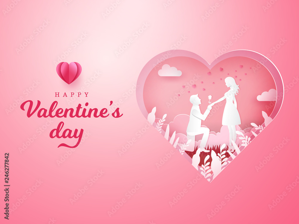 Valentine's Day background. Young man kneeling to his girlfriend and giving a rose with carved heart background. paper cut style vector illustration