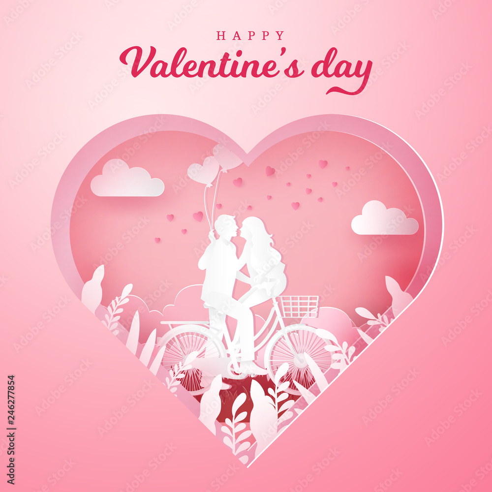 Valentine's Day greeting card. couple sitting at one bicycle and looking each other with one hand holding heart shaped balloons on carved heart background. paper cut style vector illustration