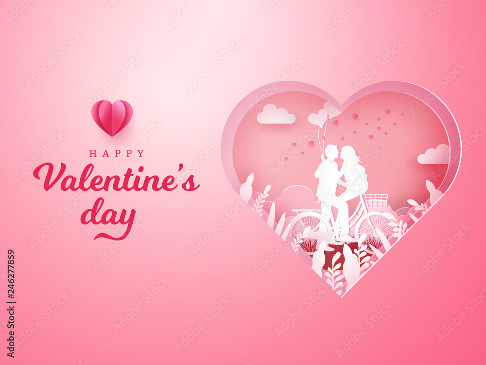 Valentine's Day background. couple sitting at one bicycle and looking each other with one hand holding heart shaped balloons on carved heart background. paper cut style vector illustration Valentine's Day background. couple sitting at one bicycle and looking each other with one hand holding heart shaped balloons on carved heart background. paper cut style vector illustration