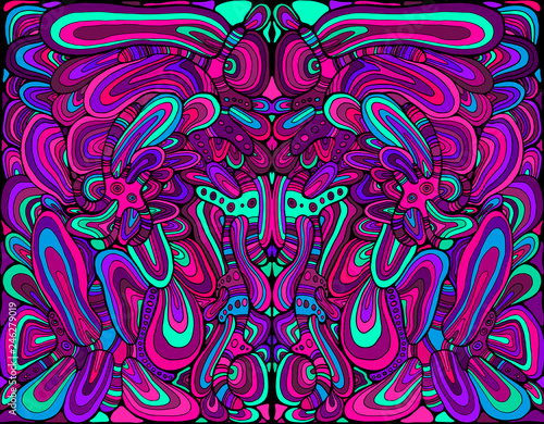 Psychedelic colorful surreal doodle pattern. Mirror abstract pattern, maze of wavy ornaments. Vector hand drawn bohemian fantasy illustration.