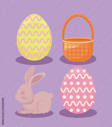 cute rabbit with decorated eggs and basket wicker for easter day
