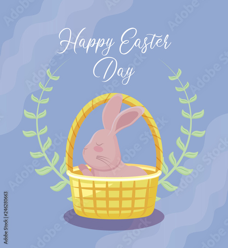 happy easter day card with cute rabbit in wicker basket