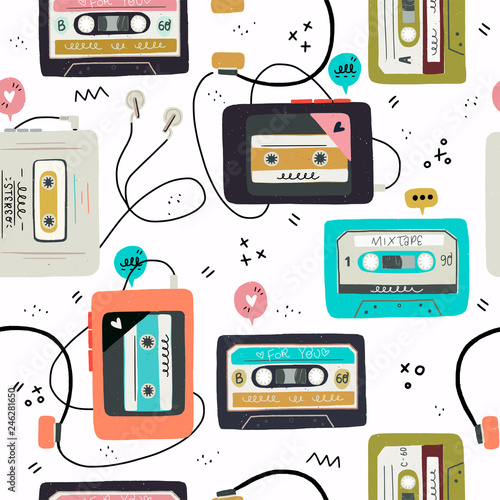 Cassette tapes and old players seamless pattern