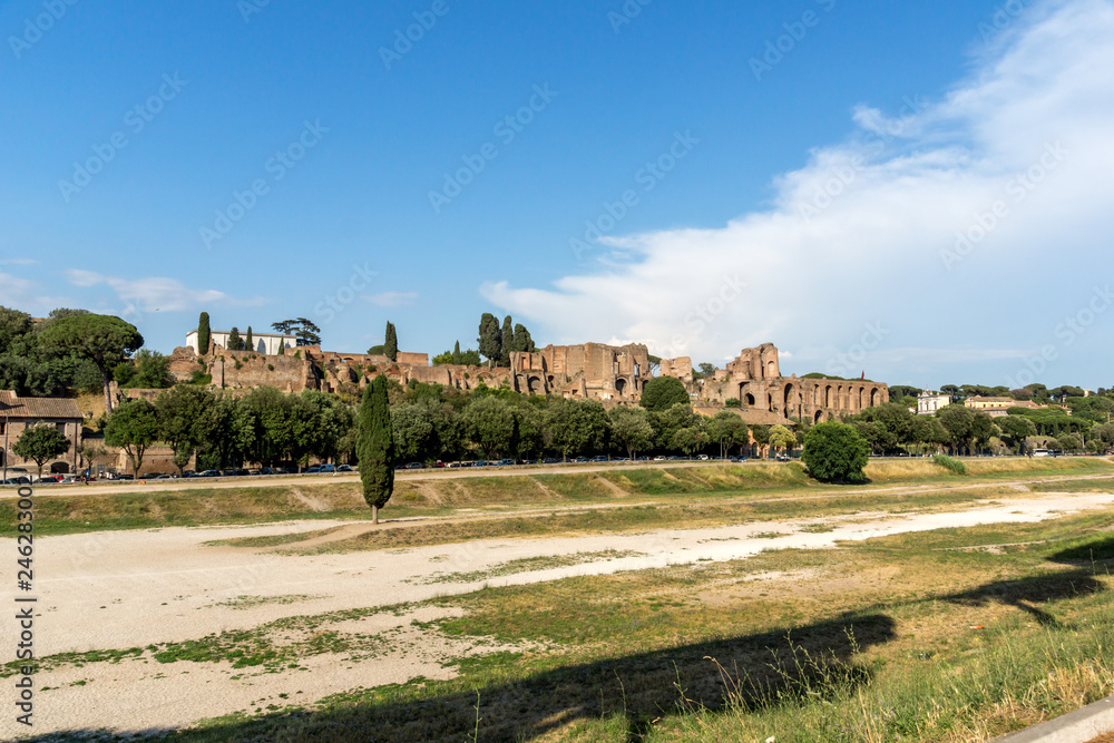 Panoramic viiew of ruins of Circus Maximus in city of Rome, Italy