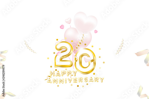 20th Anniversary gold inscription with original numbers and fonts for celebration and anniversary event party. Banner with gold confetti, ribbons and pink hearts.