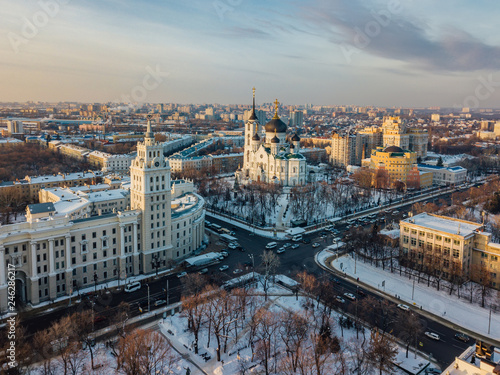 Evening winter Voronezh downtown cityscape. Tower of management of south-east railway and Annunciation Cathedral © Mulderphoto