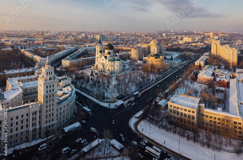 Evening winter Voronezh downtown cityscape. Tower of management of south-east railway and Annunciation Cathedral