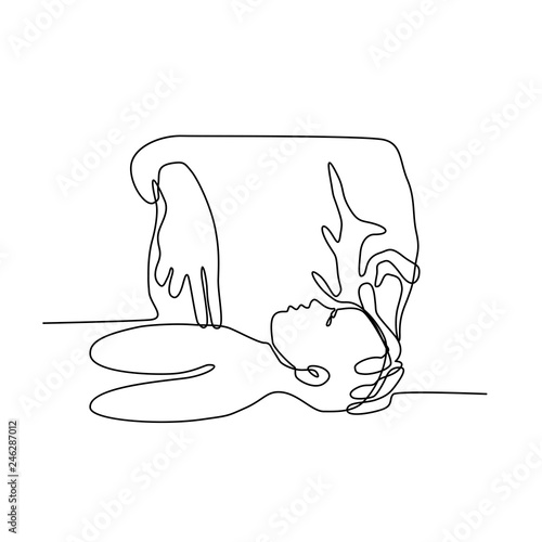 Continuous line illustration of an adult performing cardiopulmonary resuscitation or CPR on infant, an emergency procedure use chest compression with artificial ventilation to preserve brain function.