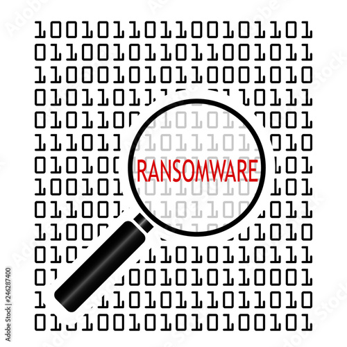 Vector illustration of binary code with malicious software code known as ransomware and magnifying lens on white background. Computer security concept.