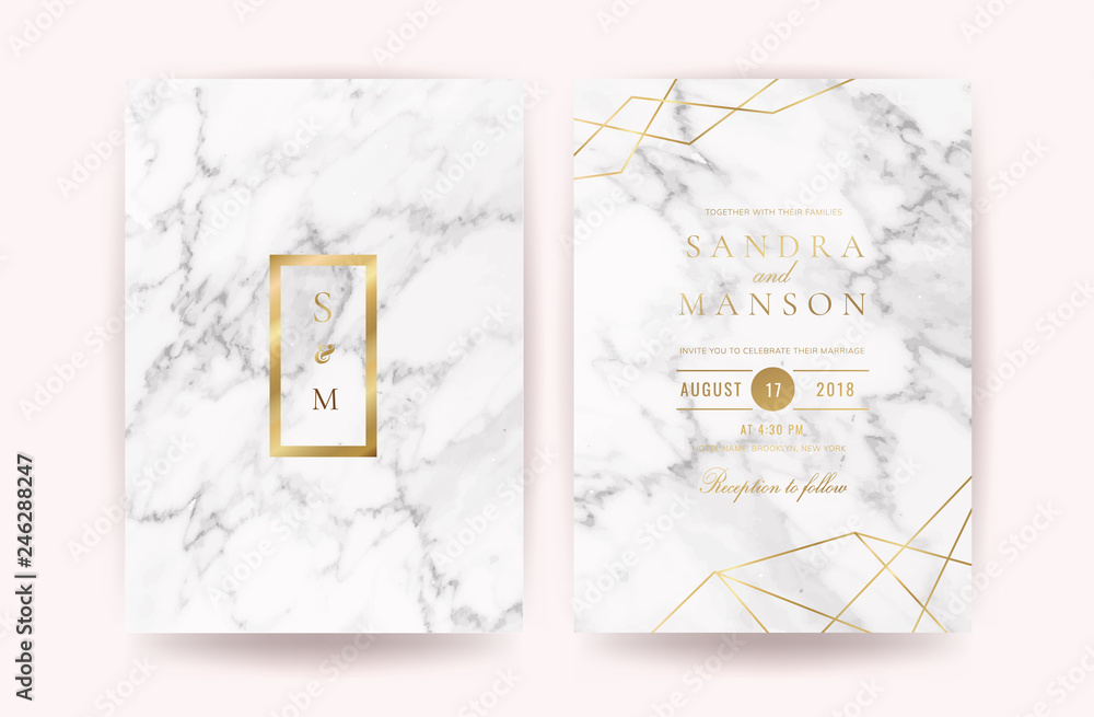 Marble Wedding invitation. Design with Luxury Marbling Golden and Geometric shape pattern. Can be adapt to covers design, RSVP, brochure, Packaging, Magazine, Poster and Greeting cards. Vector 