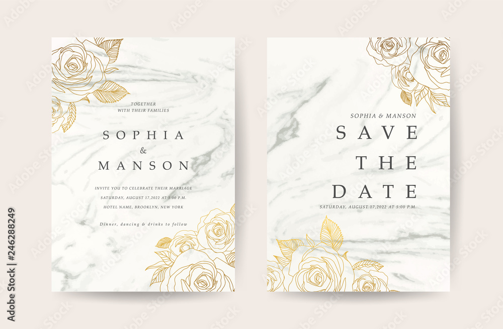 Marble Wedding invitation. Design with White Marbling background and golden rose decoration. Can be adapt to covers design, RSVP, brochure, Packaging, Magazine, Poster and Greeting cards. Vector 