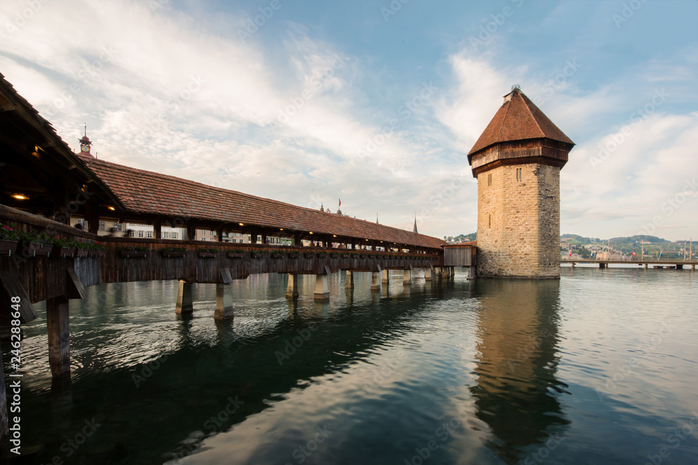 Historic city center of Lucerne with famous Chapel Bridge and lake Lucerne in Canton of Lucerne, Switzerland