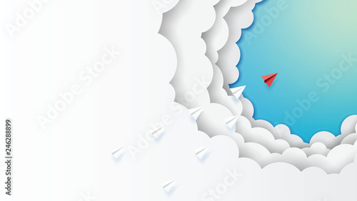 Paper art style of business leadership and teamwork creative concept idea.Paper airplanes flying on clouds and blue sky.Vector illustration.
