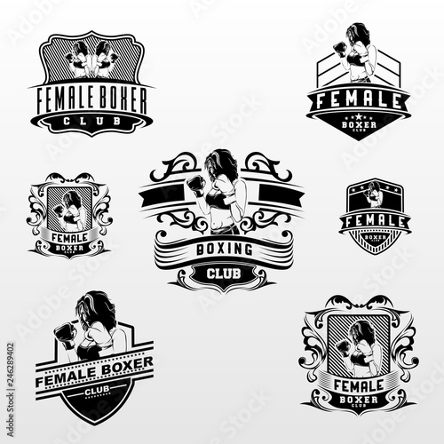 Boxing Fighter Female Set Idea Stamp hipster Logo
