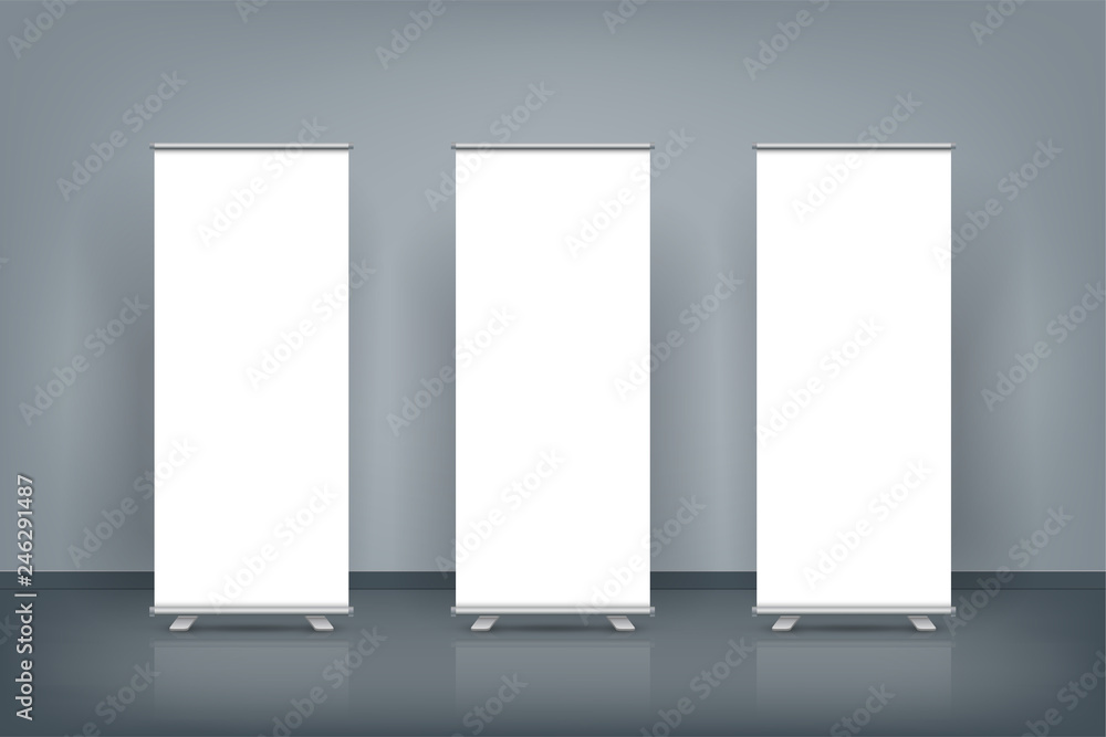 Three blank roll up banner posters display in dark blue wall, Mock up Three blank roll up banner posters display in dark blue wall, Mock up