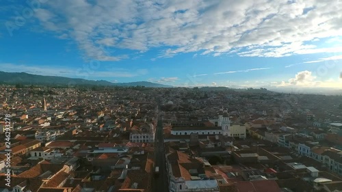 Aerial shots showing off the beautiful catholic churches and unique colonial architecture of Cuenca, Ecuador.