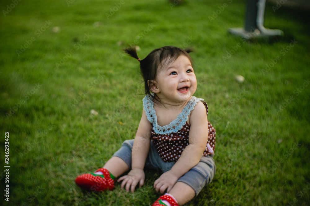 Smile asian baby girl playing on the grass. Smile asian baby girl playing on the grass.