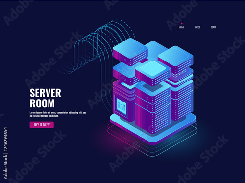 Big data processing, blockchain technology, token access system, server room, datacenter and database icon, web VPB and hosting dark ultraviolet neon isometric vector illustration 3d