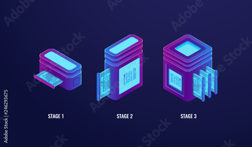 Stage upgrading or tariff plan, server room web hosting, technology progress steps, database and data center ultraviolet neon dark isometric vector