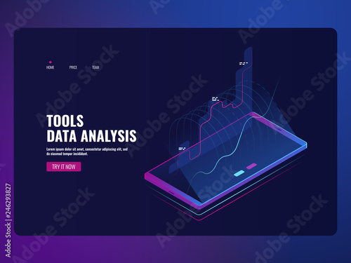 Mobile service data analysis and information statistic, financial report, online bank icon isometric vector illustration dark neon