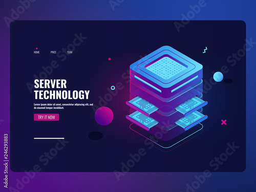 Futuristic icon banking online, server room, concept, big data processing and protection process, datacenter and database, technology object lighting isometric vector illustration dark neon