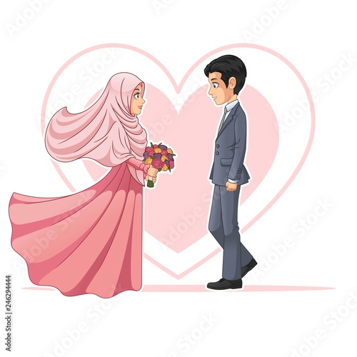 Muslim Bride and Groom Looking at Each Other Cartoon Character Design Vector Illustration