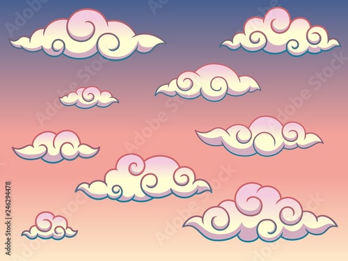 Rainbow Japanese or Chinese Swirl Curly Style Clouds in The Sky Background Vector Illustration