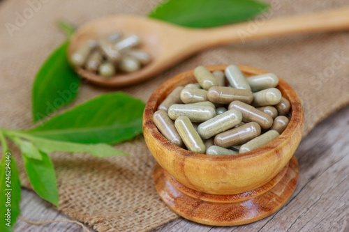 herbal medicine in capsules for healthy eating with herb leaf, alternative supplement for good living lifestyle 