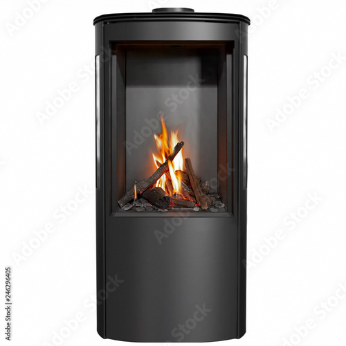 Modern burning fireplace stove isolated on white background