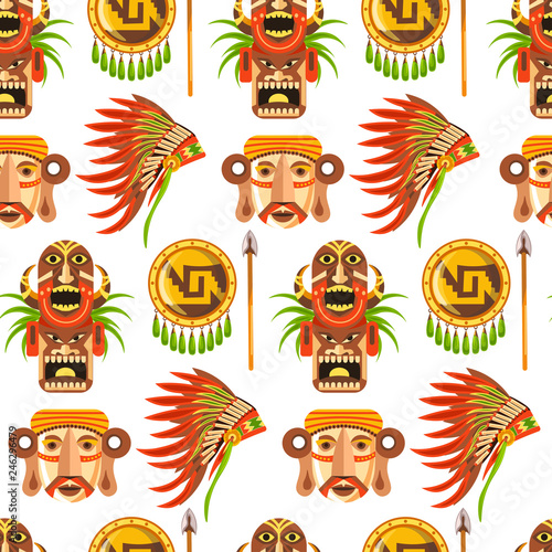 Maya traditional attributes and ancient priceless relics seamless pattern.