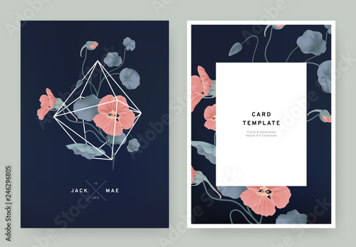 Floral wedding invitation card template design, red Tropaeolum flowers in white polygon shape on dark blue background, pastel vintage style