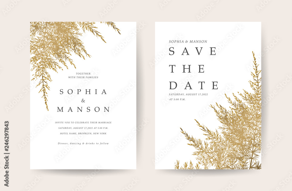 Luxury Natural Wedding Card for summer and spring seasons. Design With golden leaves minimal style decoration. Vector - obrazy, fototapety, plakaty 