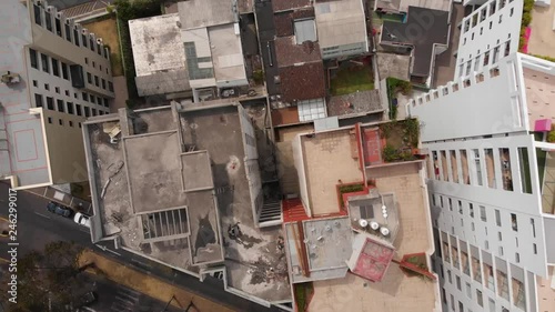 City buildings bird's eye view in Quito Ecuador with cars, busy streets and people walking