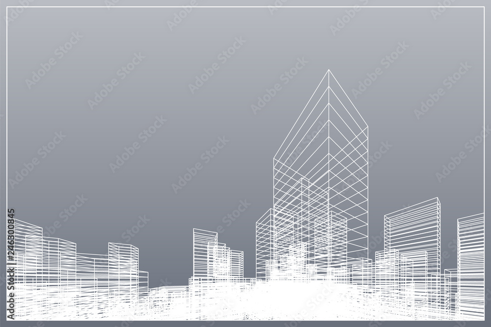 Fototapeta premium Abstract wireframe city background. Perspective 3D render of building wireframe.