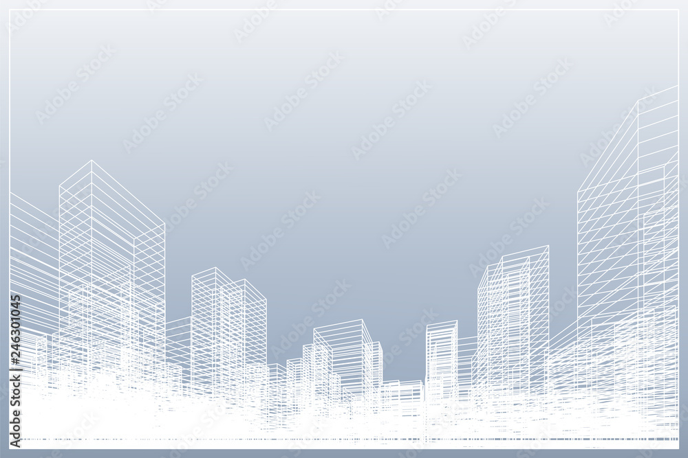 Fototapeta premium Abstract wireframe city background. Perspective 3D render of building wireframe.