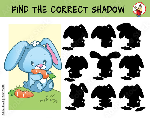 Funny little rabbit with carrot. Find the correct shadow. Educational matching game for children. Cartoon vector illustration