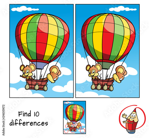 Two little mice are traveling in a hot air balloon. Find 10 differences. Educational game for children. Cartoon vector illustration