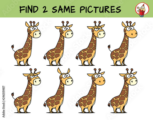 Funny giraffe. Find two same pictures. Educational game for children. Cartoon vector illustration