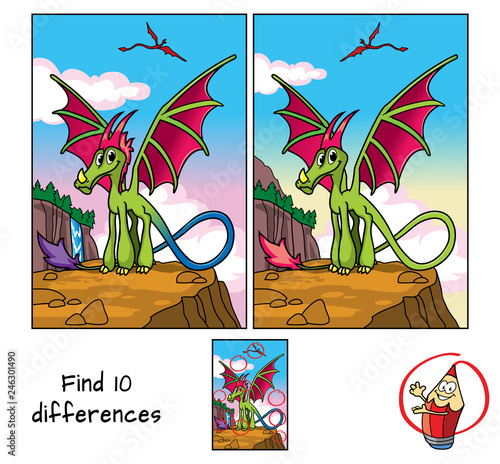 Funny green dragon. Find 10 differences. Educational matching game for children. Cartoon vector illustration