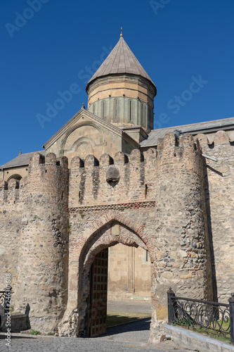 Old Orthodox cathedral in Mtskheta near Tbilisi, Georgia. Autumn sunny day.
