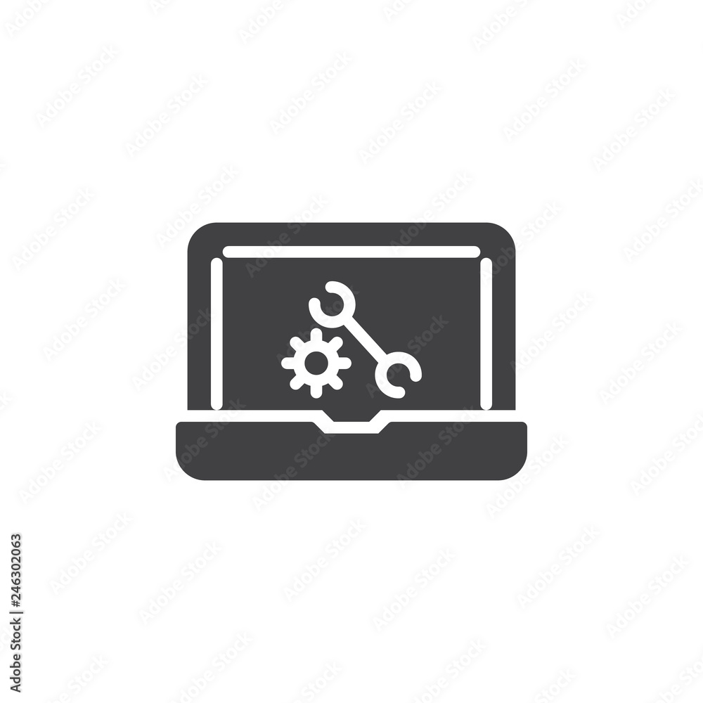 Laptop repair settings vector icon. filled flat sign for mobile concept and web design. Laptop with gear and wrench on screen simple solid icon. Symbol, logo illustration. Pixel perfect vector Laptop repair settings vector icon. filled flat sign for mobile concept and web design. Laptop with gear and wrench on screen simple solid icon. Symbol, logo illustration. Pixel perfect vector