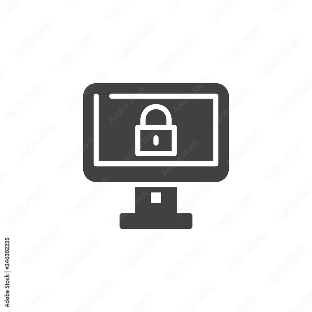 Computer security vector icon. filled flat sign for mobile concept and web design. Computer monitor and padlock simple solid icon. Symbol, logo illustration. Pixel perfect vector graphics Computer security vector icon. filled flat sign for mobile concept and web design. Computer monitor and padlock simple solid icon. Symbol, logo illustration. Pixel perfect vector graphics