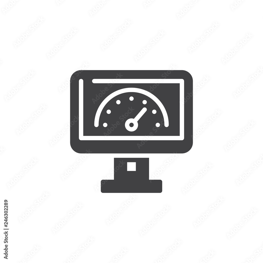 Speed test screen vector icon. filled flat sign for mobile concept and web design. Computer monitor with speed test simple solid icon. Gauge symbol, logo illustration. Vector graphics Speed test screen vector icon. filled flat sign for mobile concept and web design. Computer monitor with speed test simple solid icon. Gauge symbol, logo illustration. Vector graphics