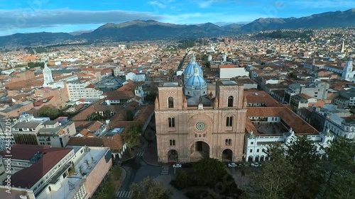 Aerial shots showing off the beautiful catholic churches and unique colonial architecture of Cuenca, Ecuador.