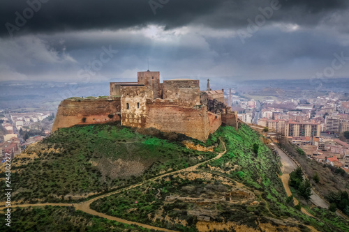 Aerial view of Monzon fortress a former Templer knight castle with Arab origins in the Aragon region of Spain